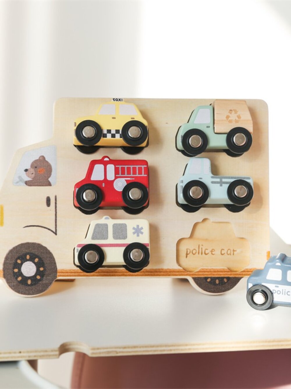 Wooden Vehicle Matching Puzzle for Toddlers, Montessori Car Sorting Toy, Emergen